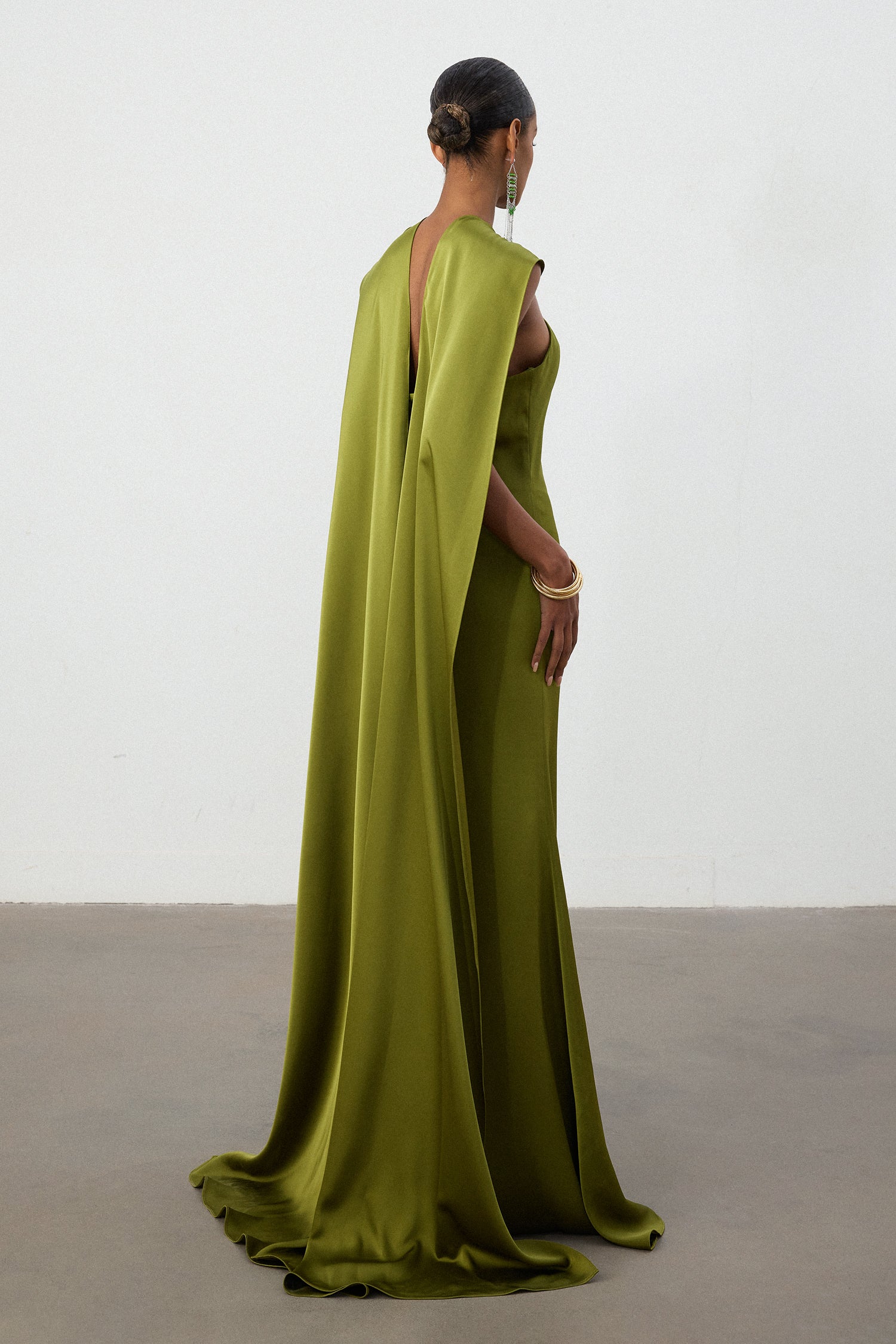 Olive Green Satin Cape Column Gown	