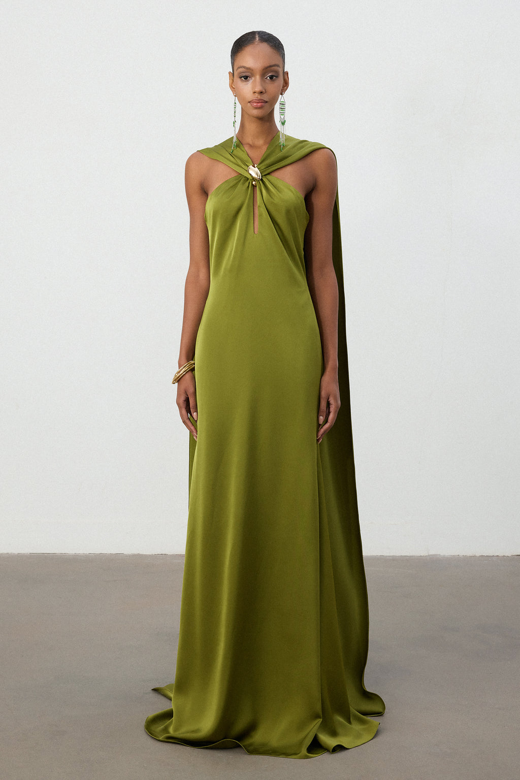 Olive Green Satin Cape Column Gown	