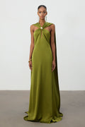 Olive Green Satin Cape Column Gown	