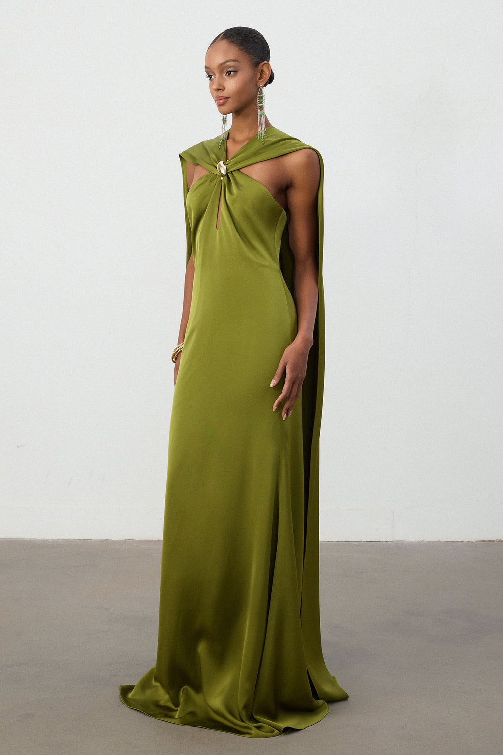 Olive Green Satin Cape Column Gown	
