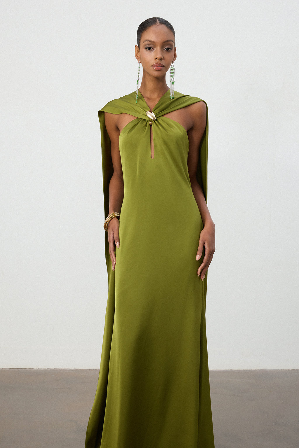 Olive Green Satin Cape Column Gown	