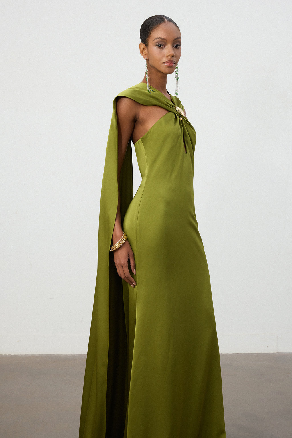 Olive Green Satin Cape Column Gown	