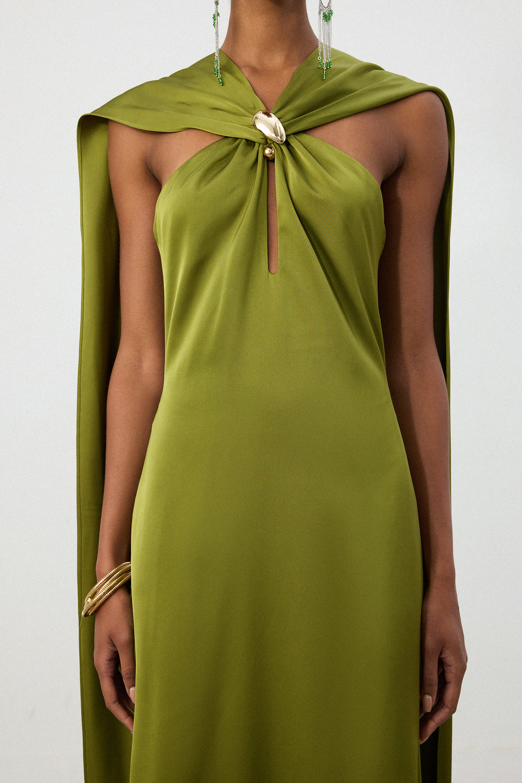 Olive Green Satin Cape Column Gown	