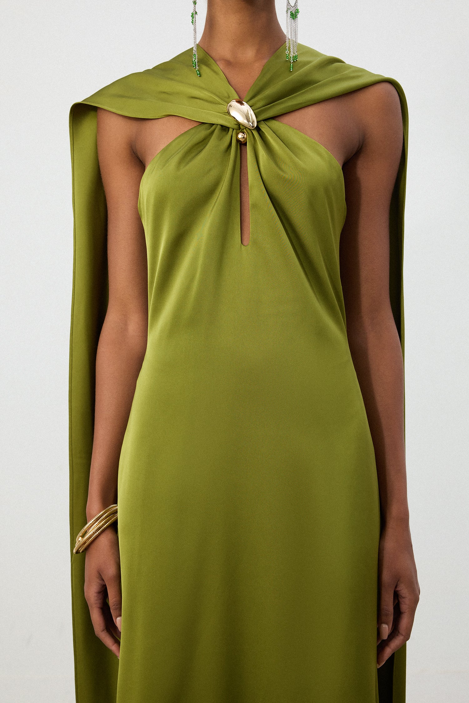 Olive Green Satin Cape Column Gown	