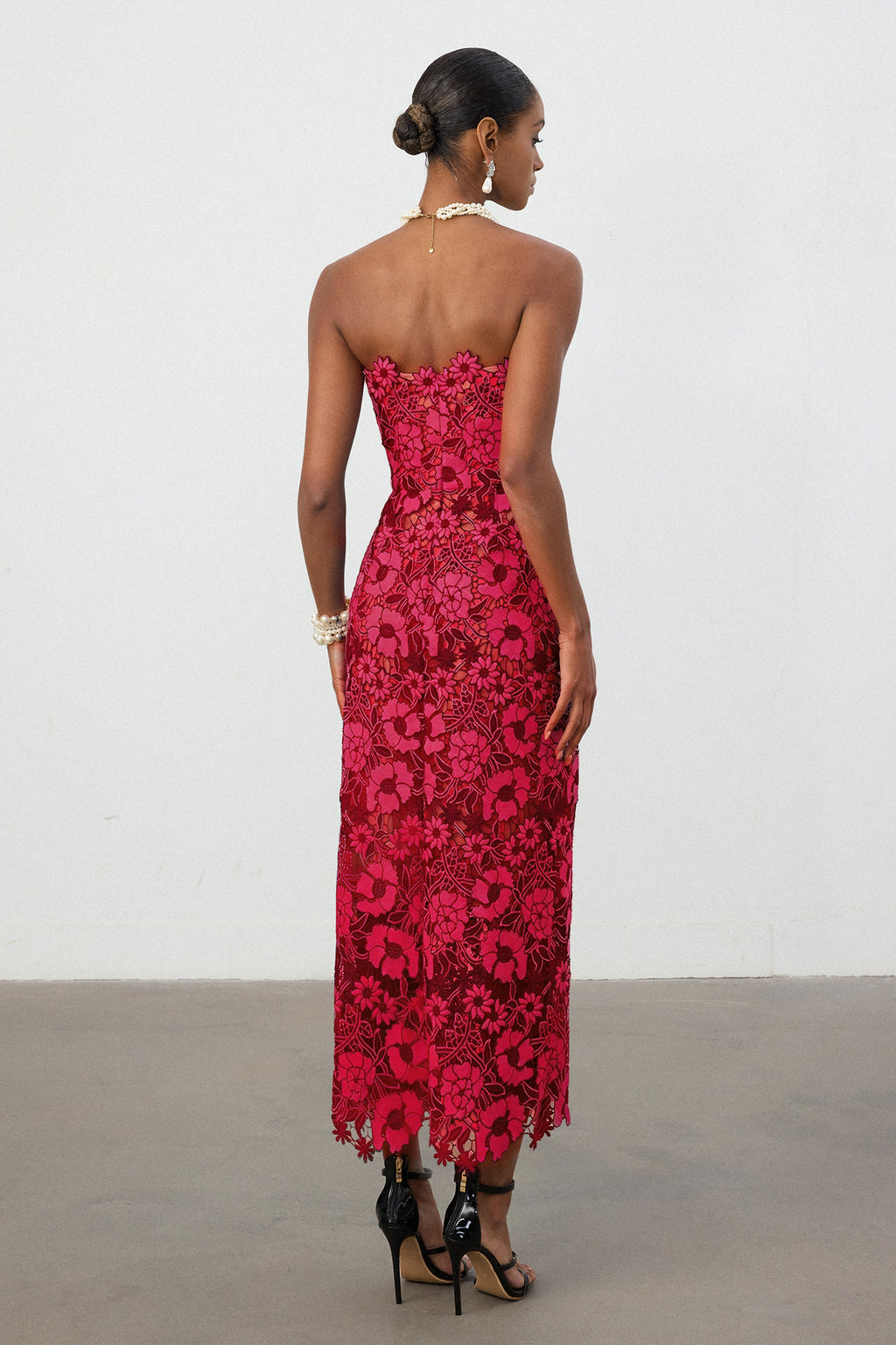 Cobalt Red Floral Lace Strapless Column Midi Dress	