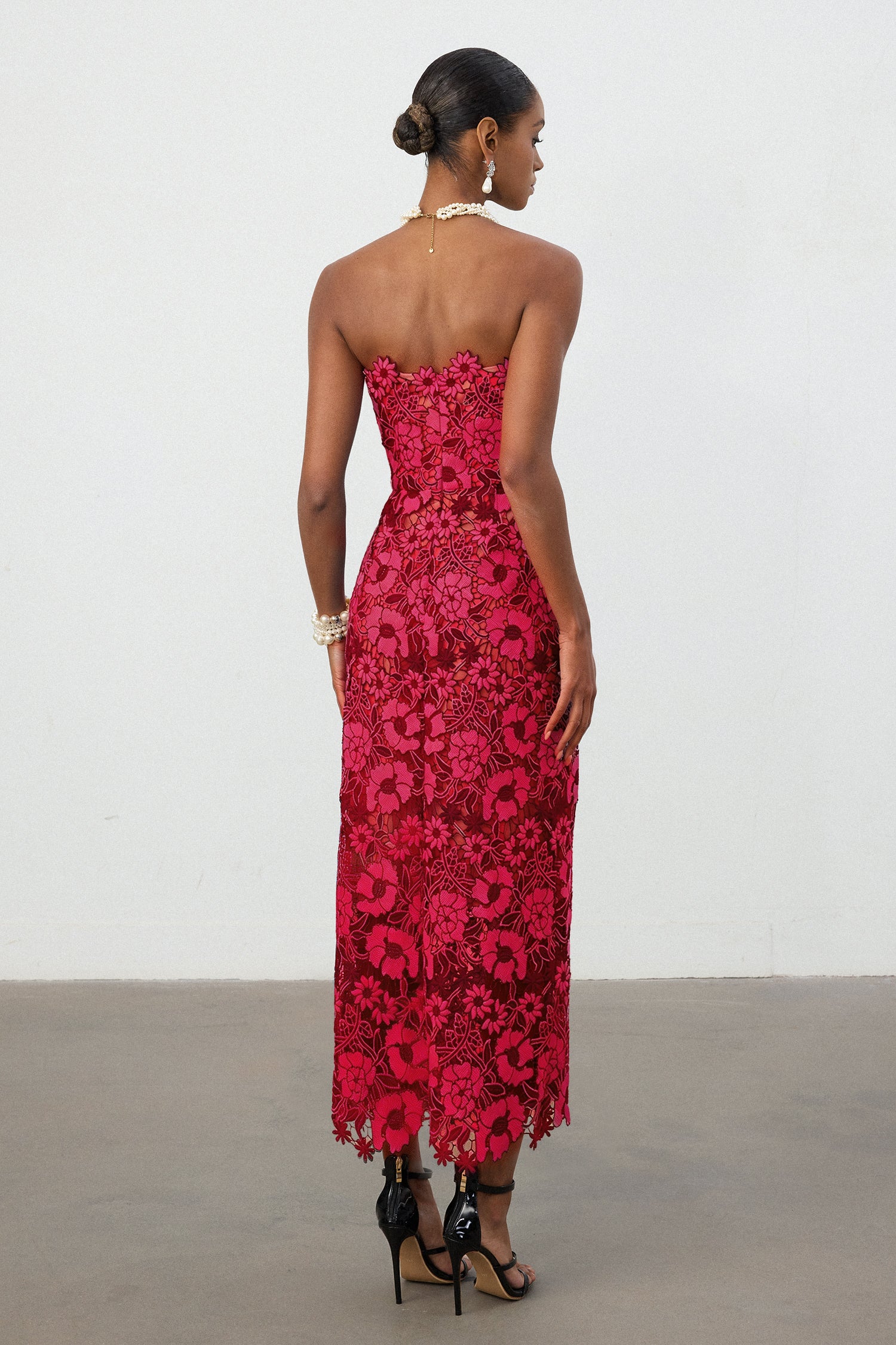 Cobalt Red Floral Lace Strapless Column Midi Dress	