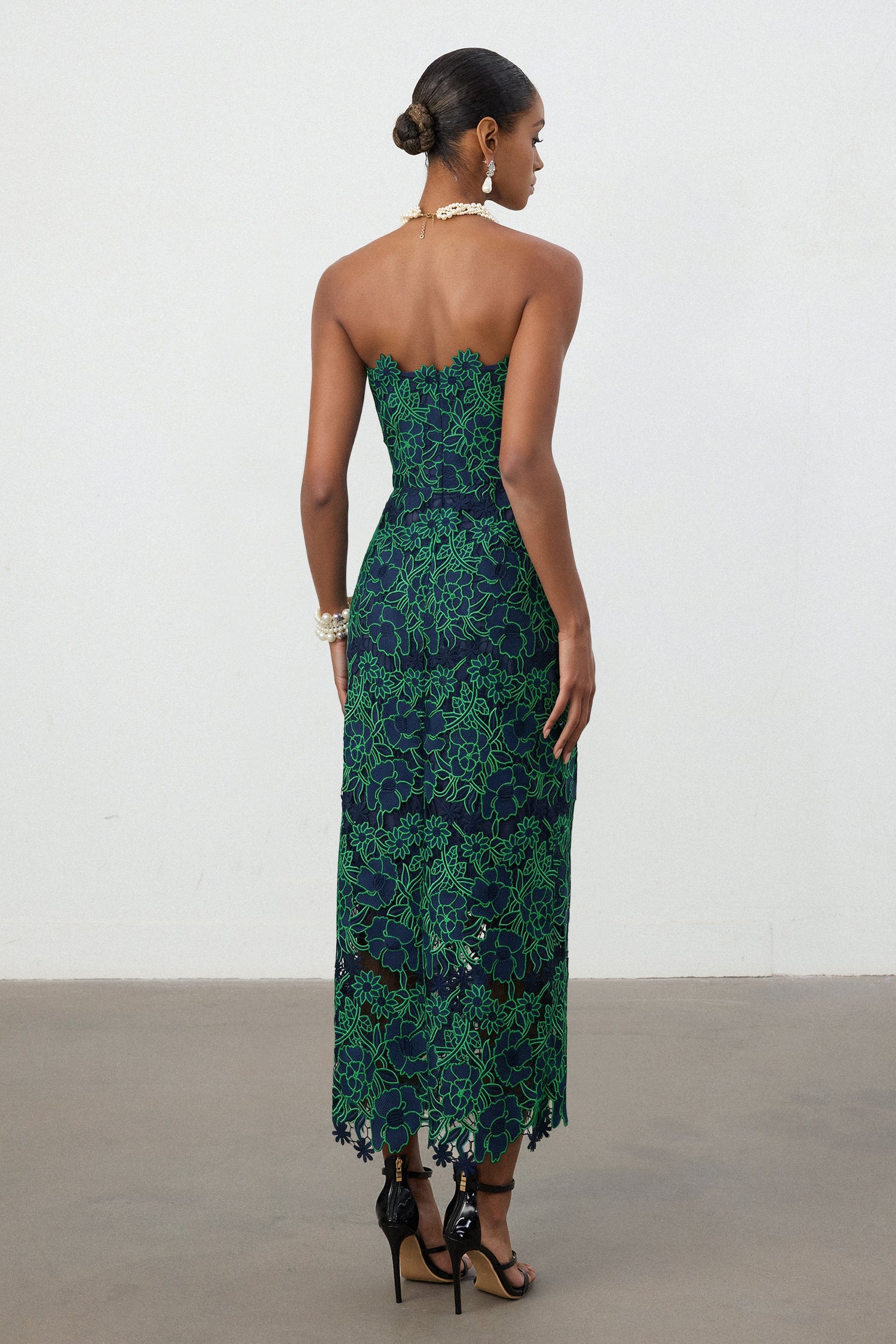 Cobalt Green Floral Lace Strapless Column Midi Dress	