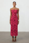 Cobalt Red Floral Lace Strapless Column Midi Dress	