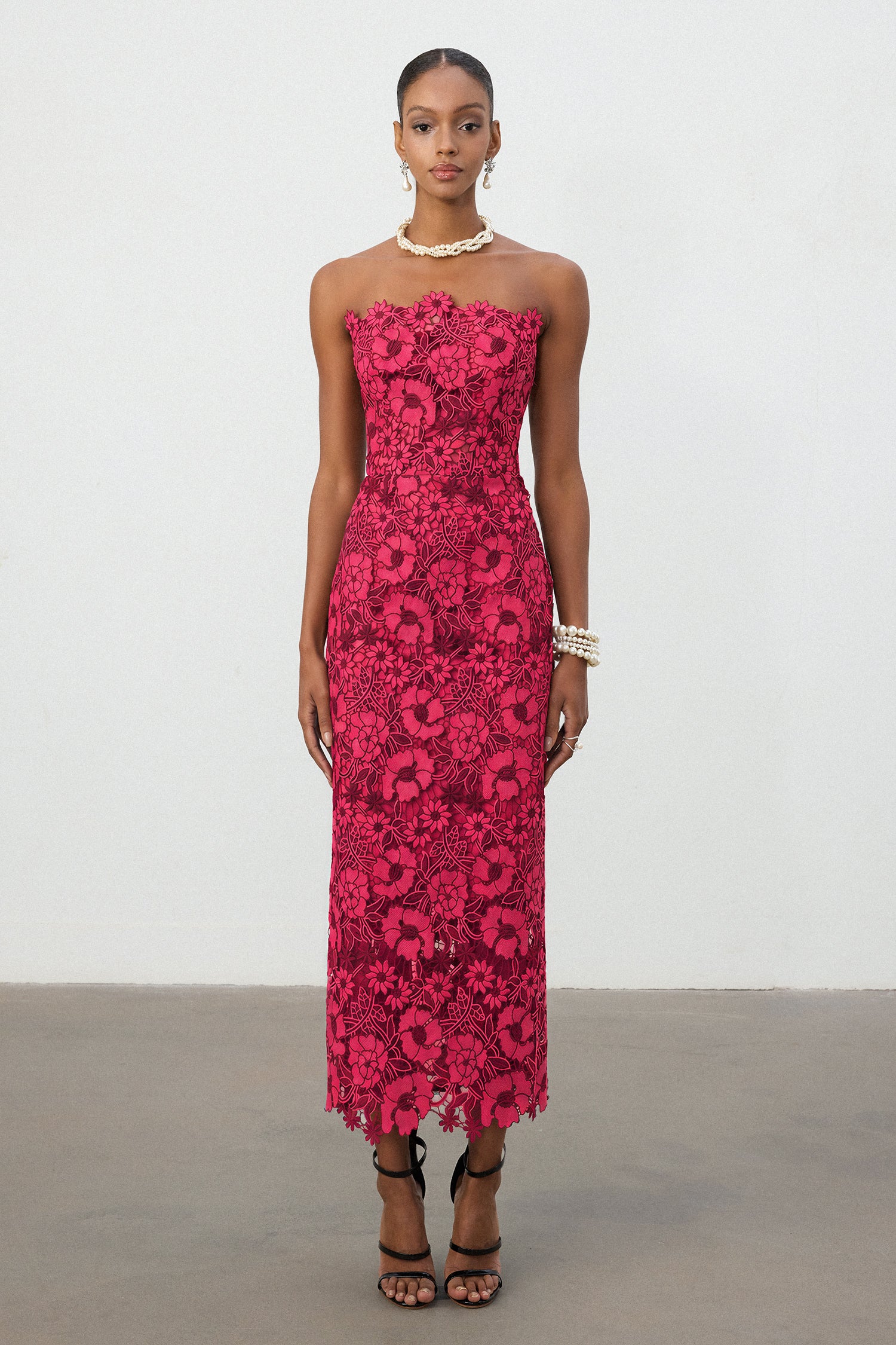 Cobalt Red Floral Lace Strapless Column Midi Dress	