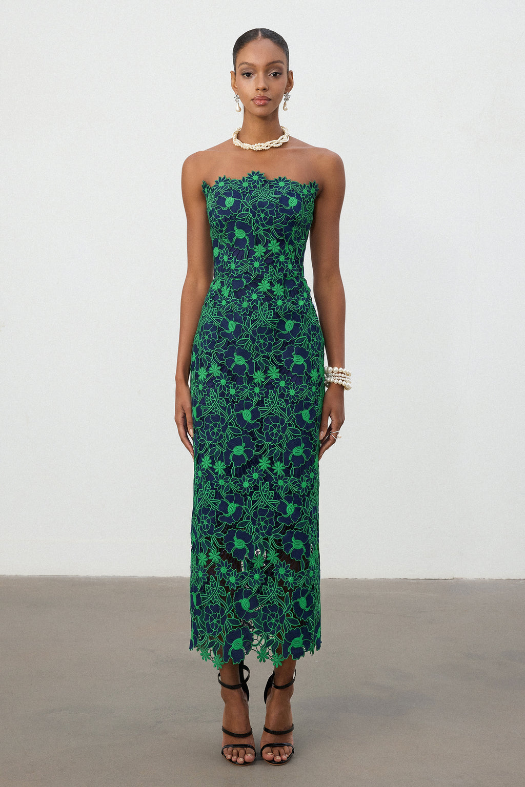 Cobalt Green Floral Lace Strapless Column Midi Dress	