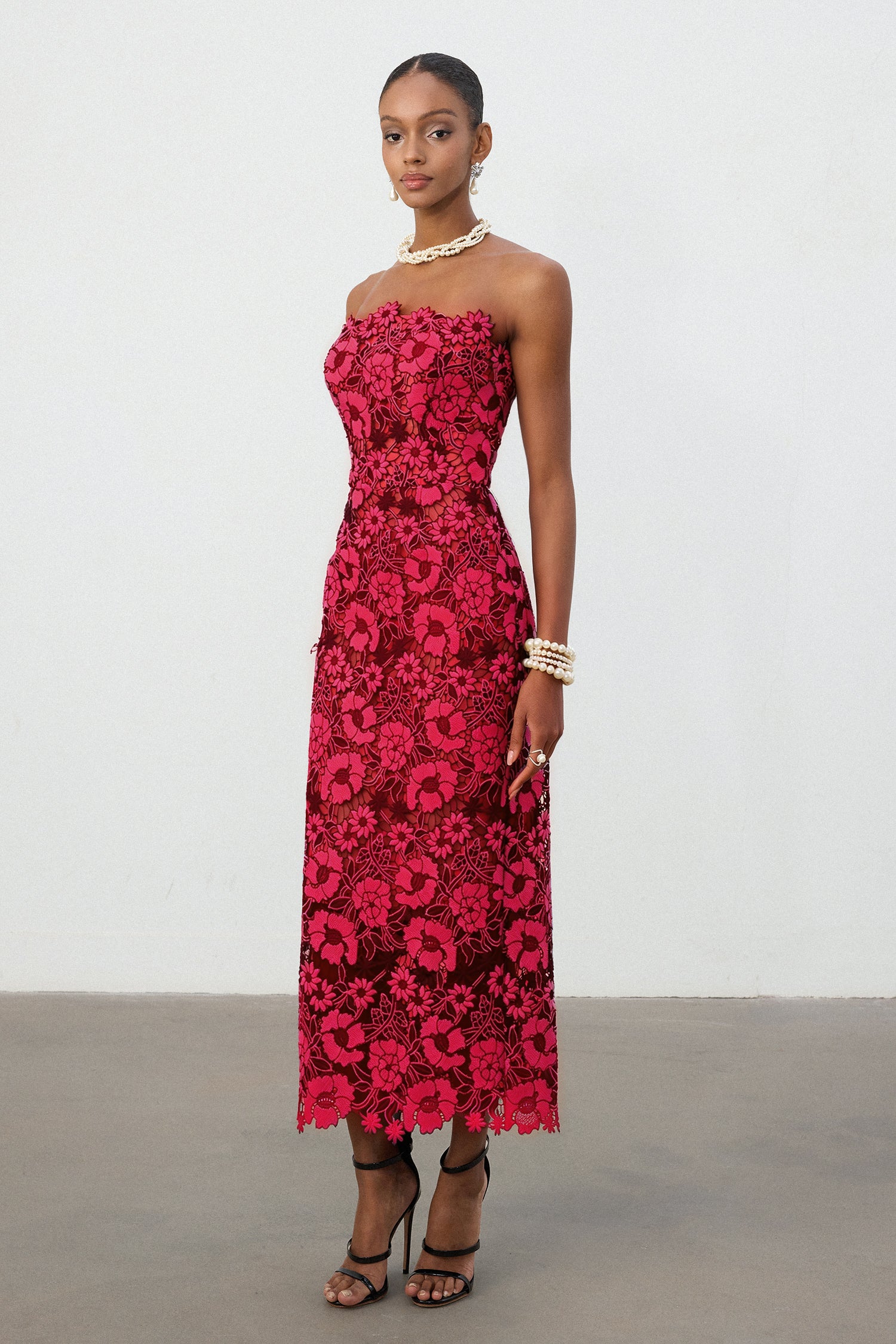 Cobalt Red Floral Lace Strapless Column Midi Dress	