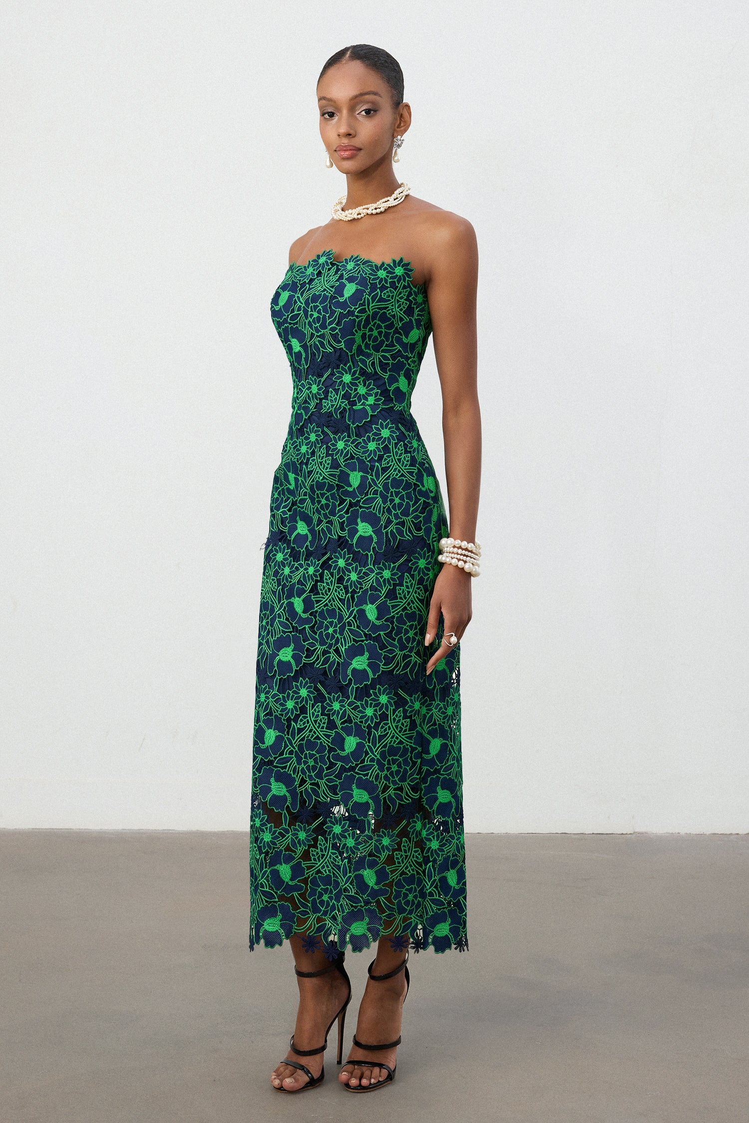 Cobalt Green Floral Lace Strapless Column Midi Dress	