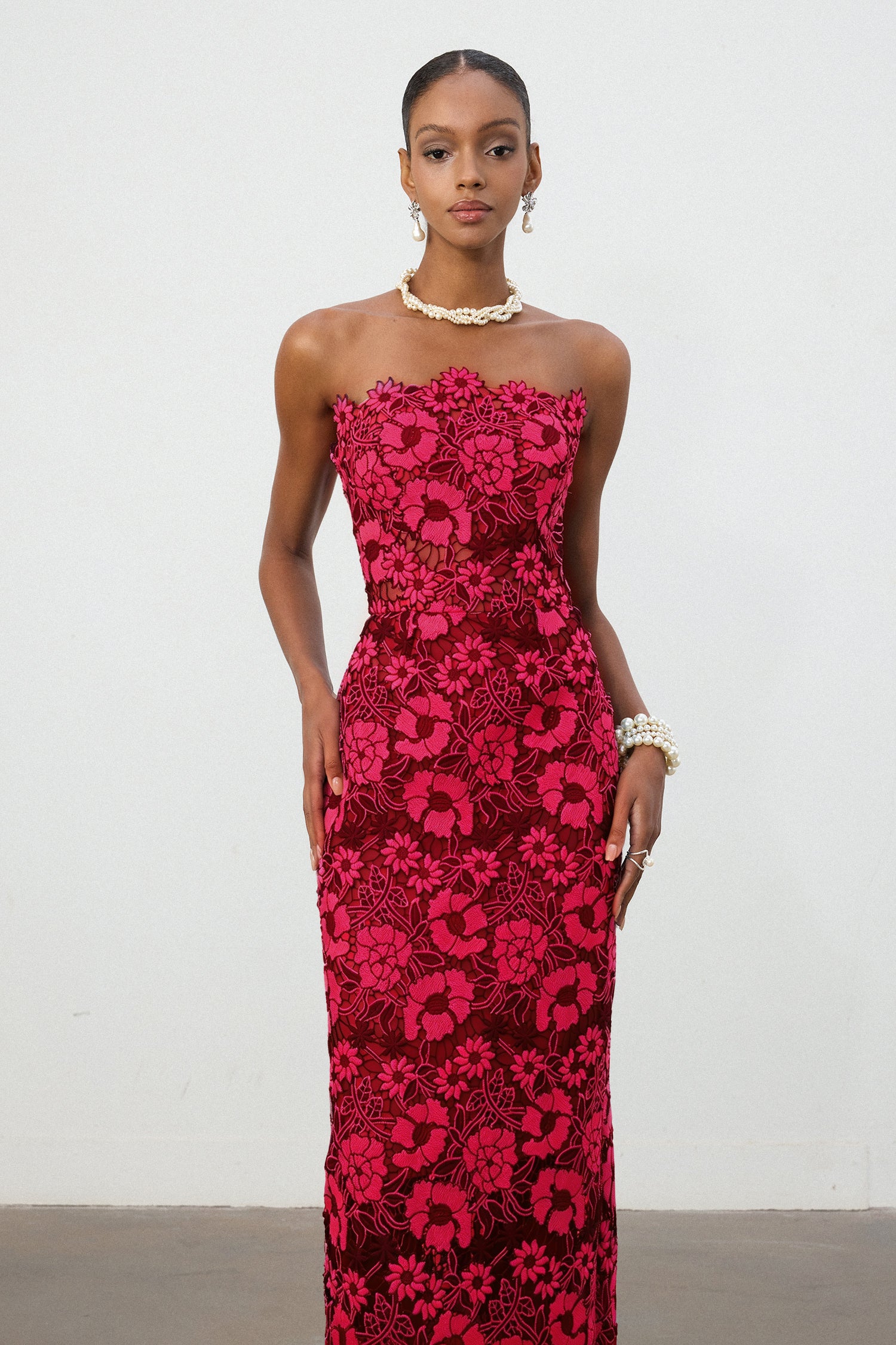 Cobalt Red Floral Lace Strapless Column Midi Dress	