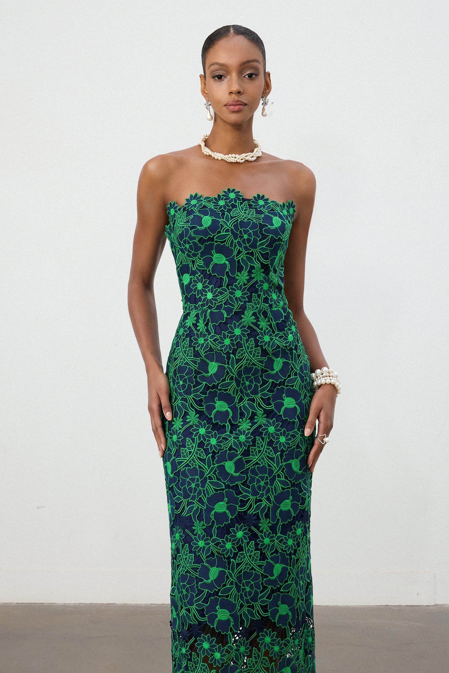 Cobalt Green Floral Lace Strapless Column Midi Dress	