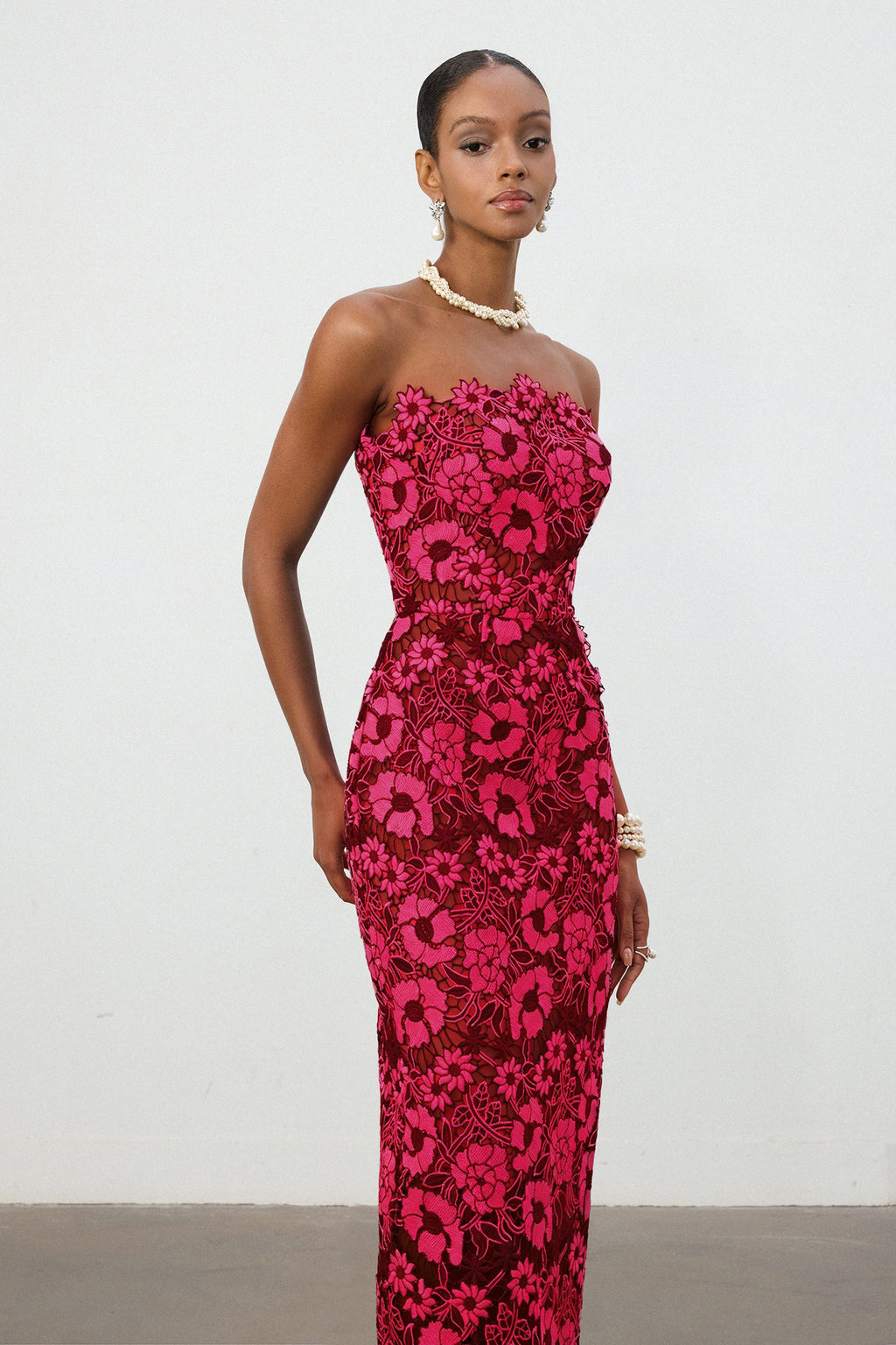 Cobalt Red Floral Lace Strapless Column Midi Dress	