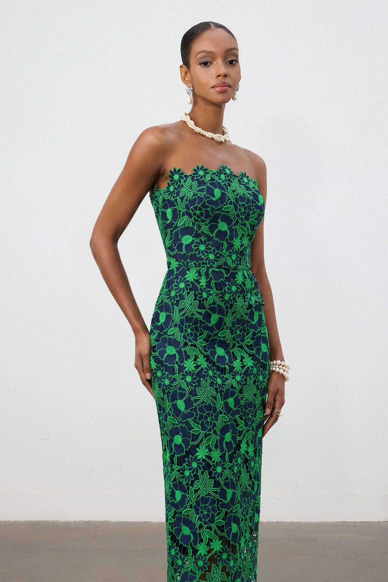 Cobalt Green Floral Lace Strapless Column Midi Dress	