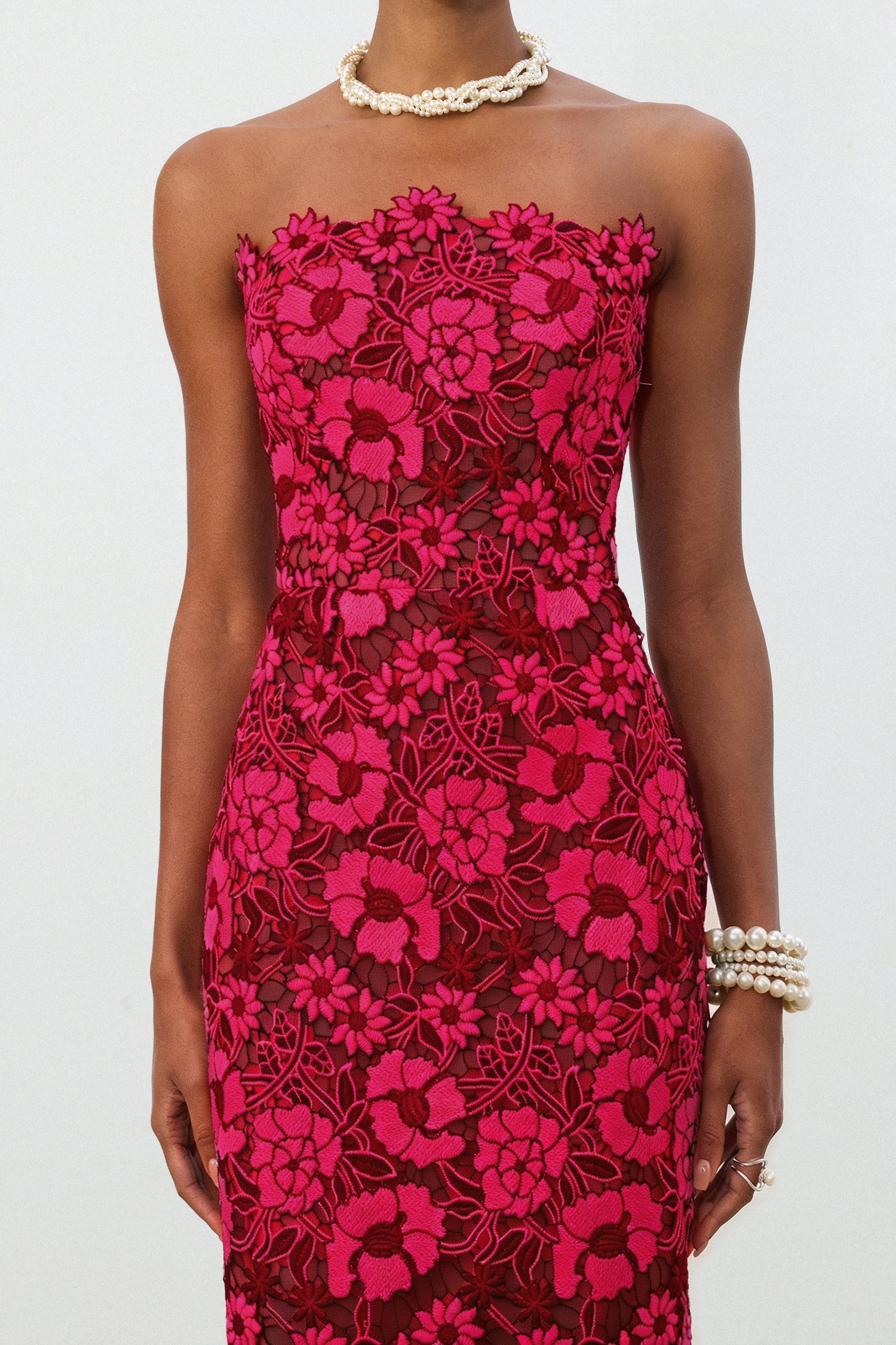 Cobalt Red Floral Lace Strapless Column Midi Dress	
