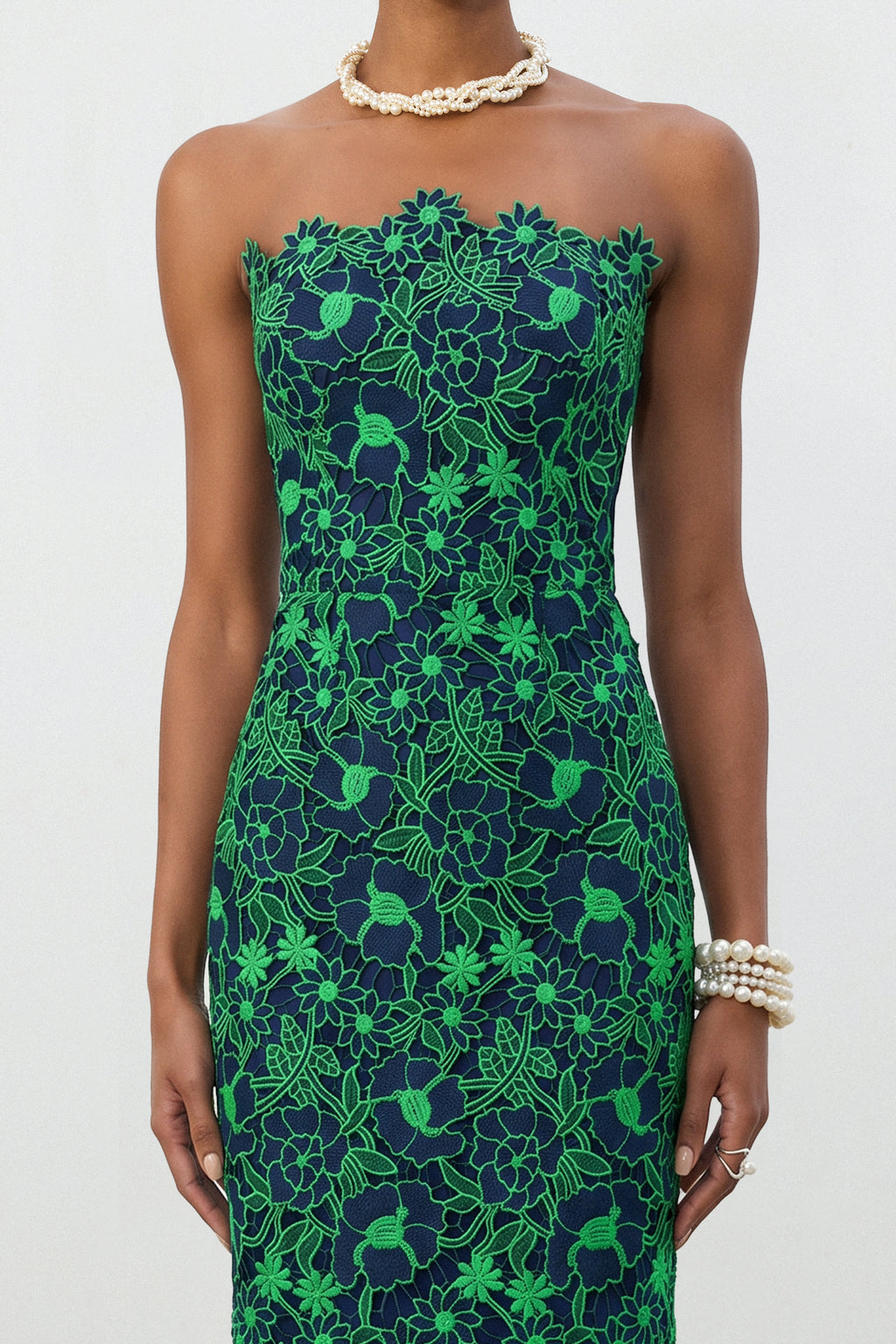 Cobalt Green Floral Lace Strapless Column Midi Dress	