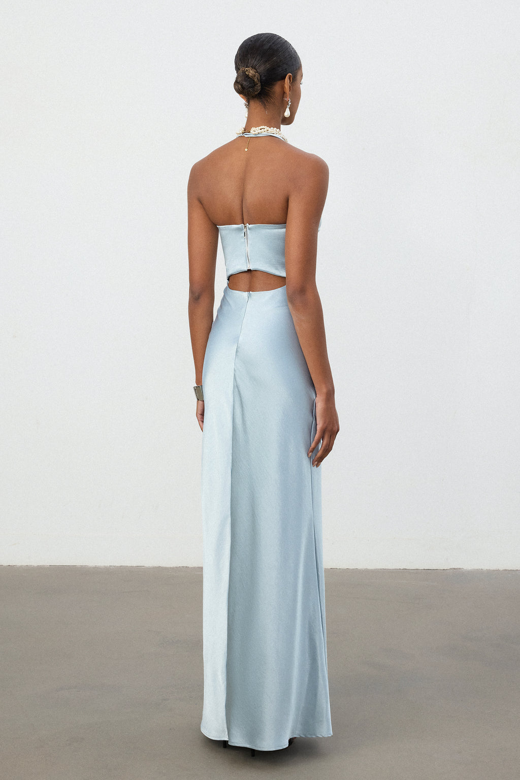 Sky Blue Satin Halter Cutout Column Gown	