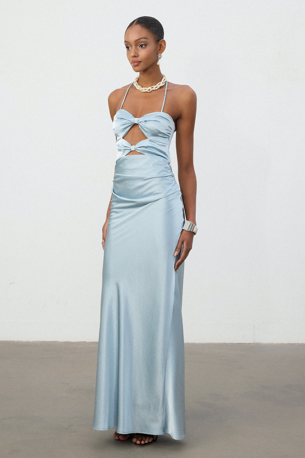 Sky Blue Satin Halter Cutout Column Gown	