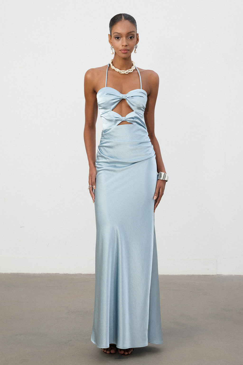 Sky Blue Satin Halter Cutout Column Gown	