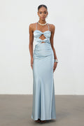 Sky Blue Satin Halter Cutout Column Gown	