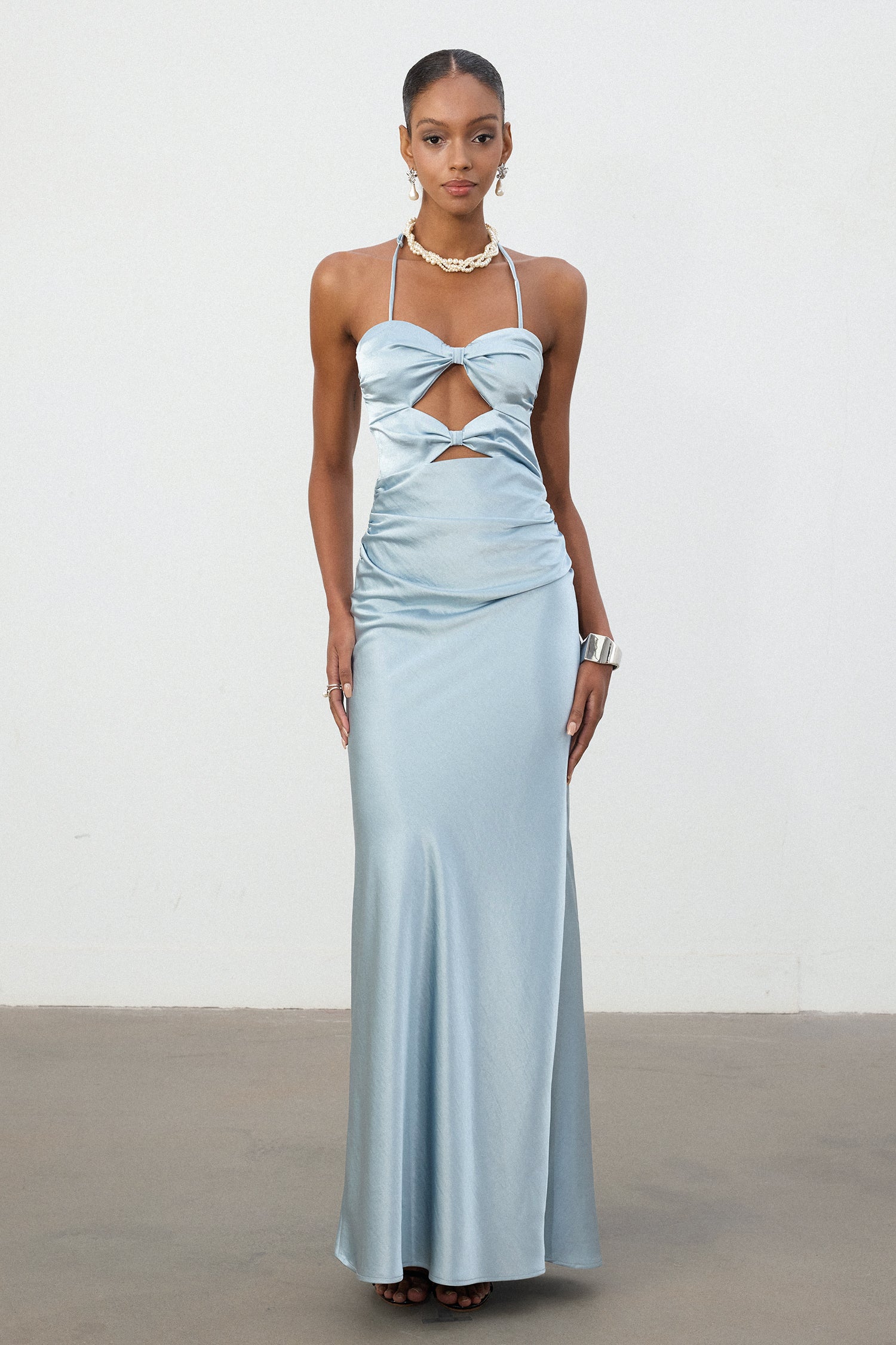 Sky Blue Satin Halter Cutout Column Gown	