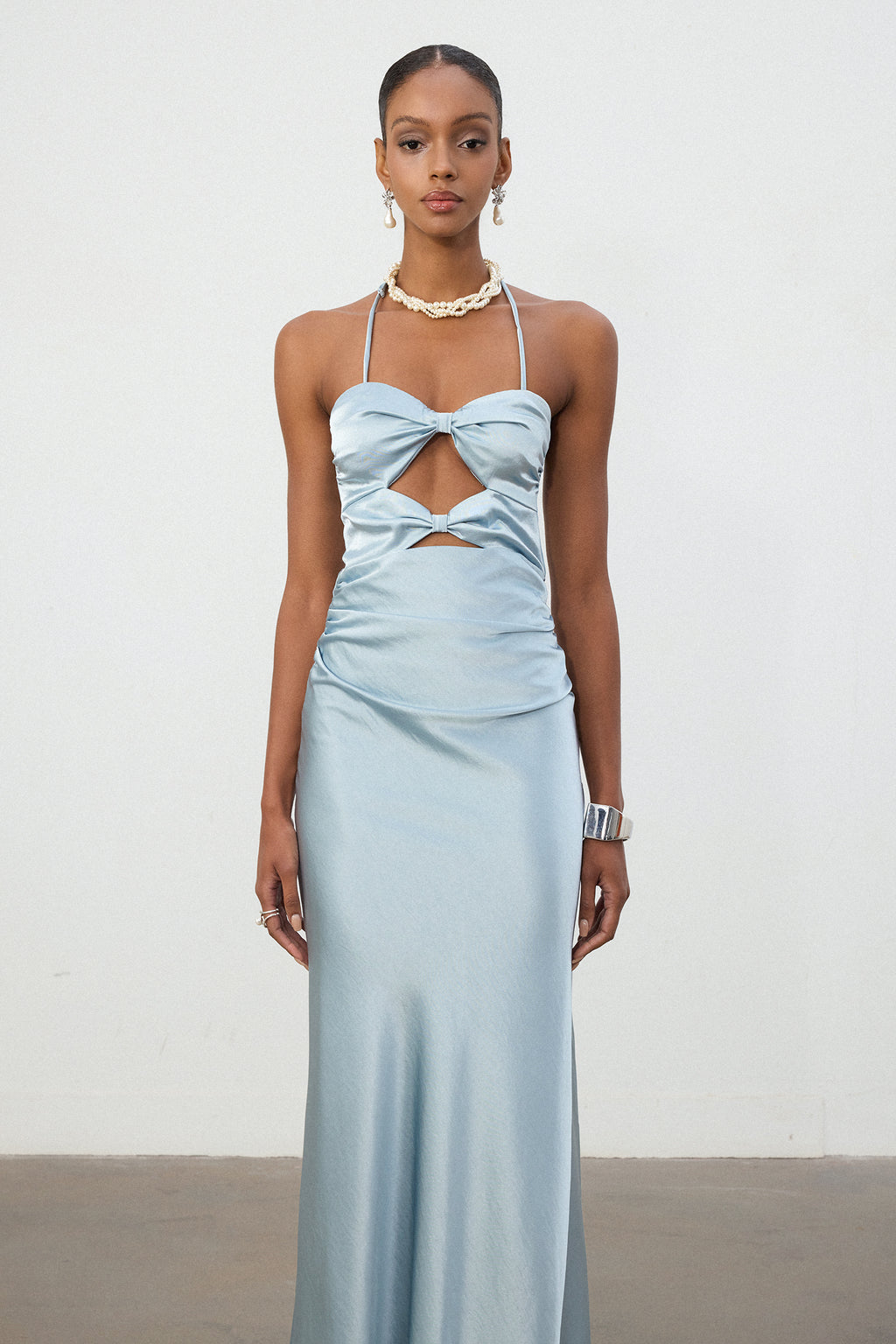 Sky Blue Satin Halter Cutout Column Gown	
