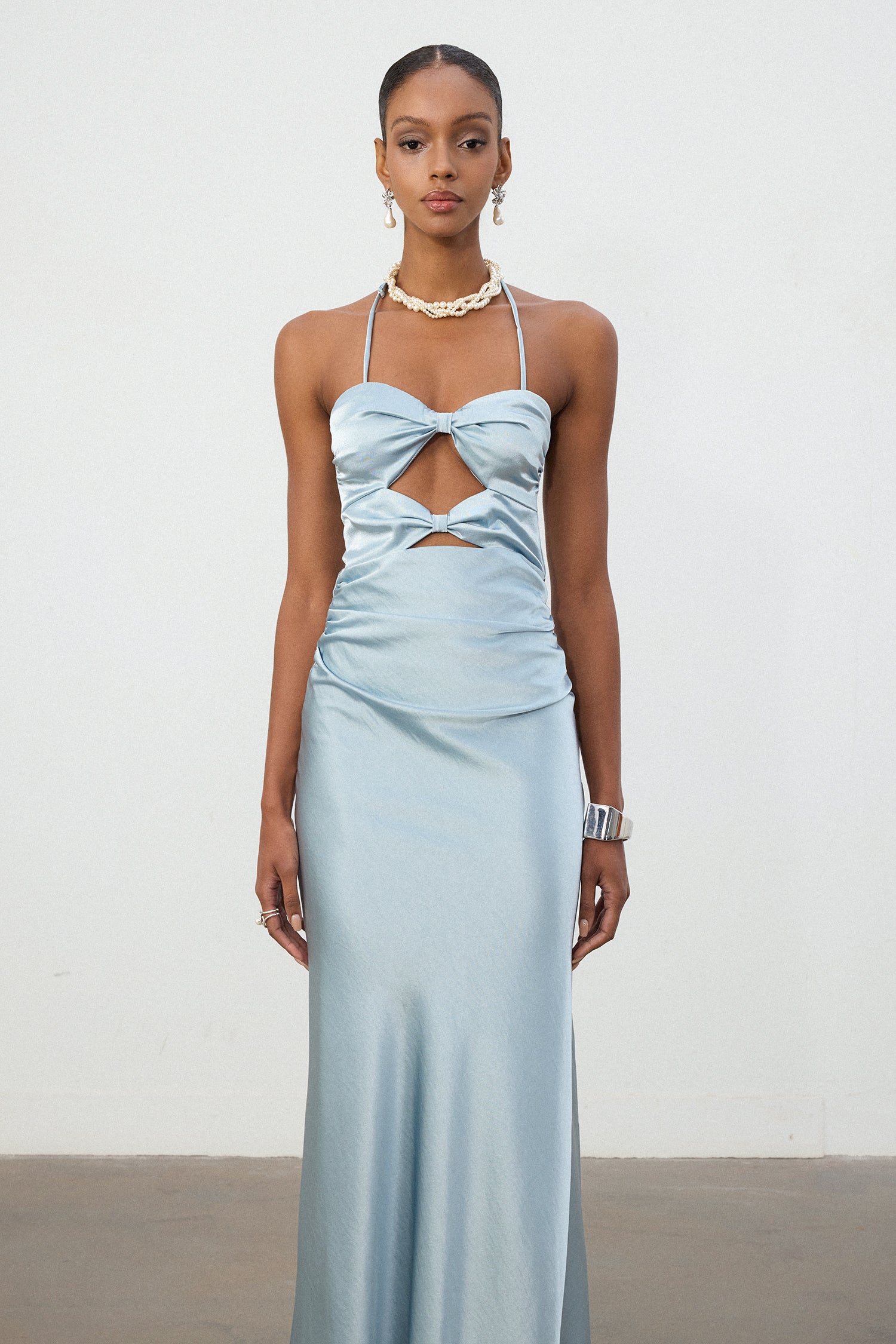 Sky Blue Satin Halter Cutout Column Gown	