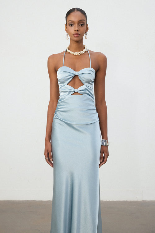 Sky Blue Satin Halter Cutout Column Gown	