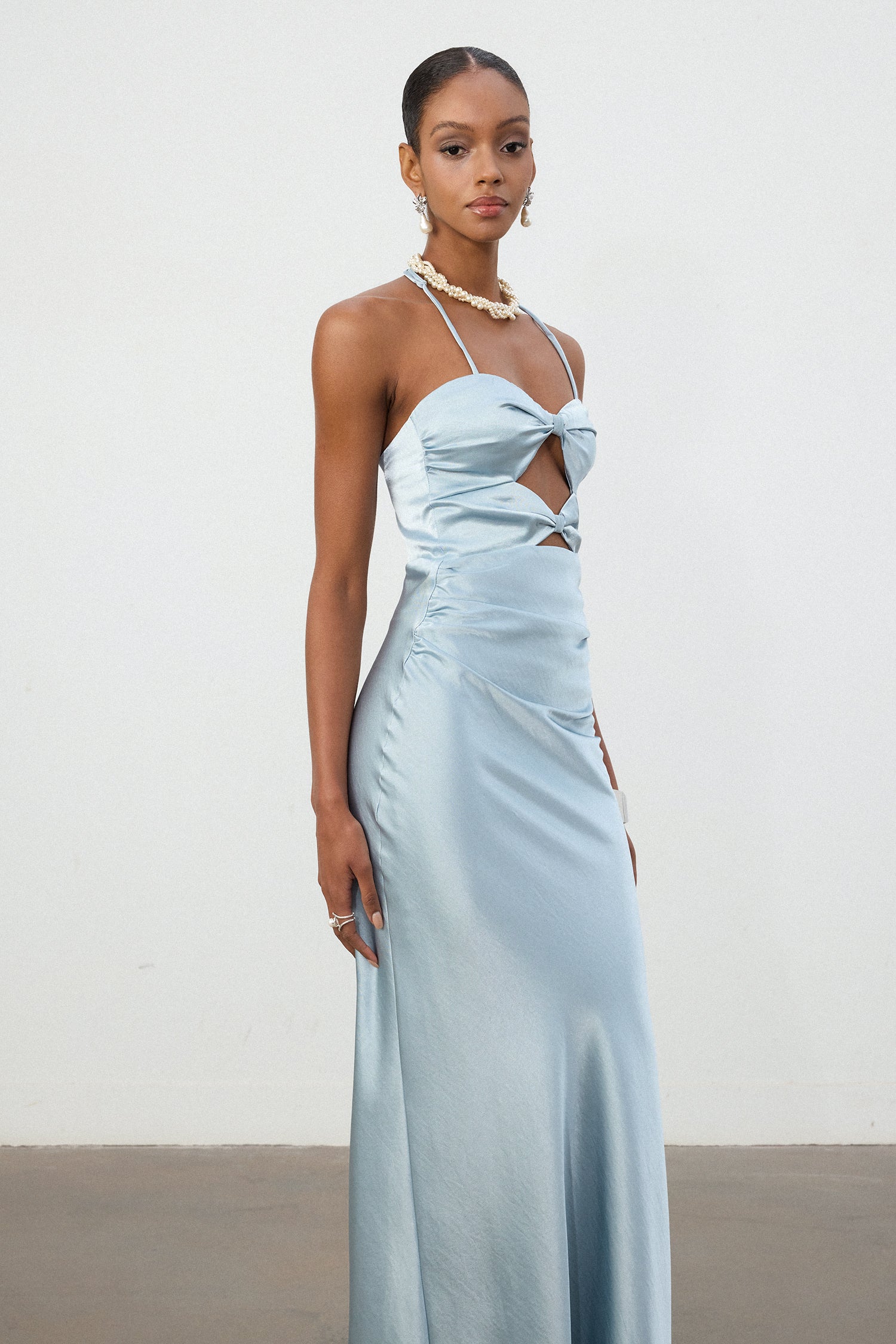 Sky Blue Satin Halter Cutout Column Gown	
