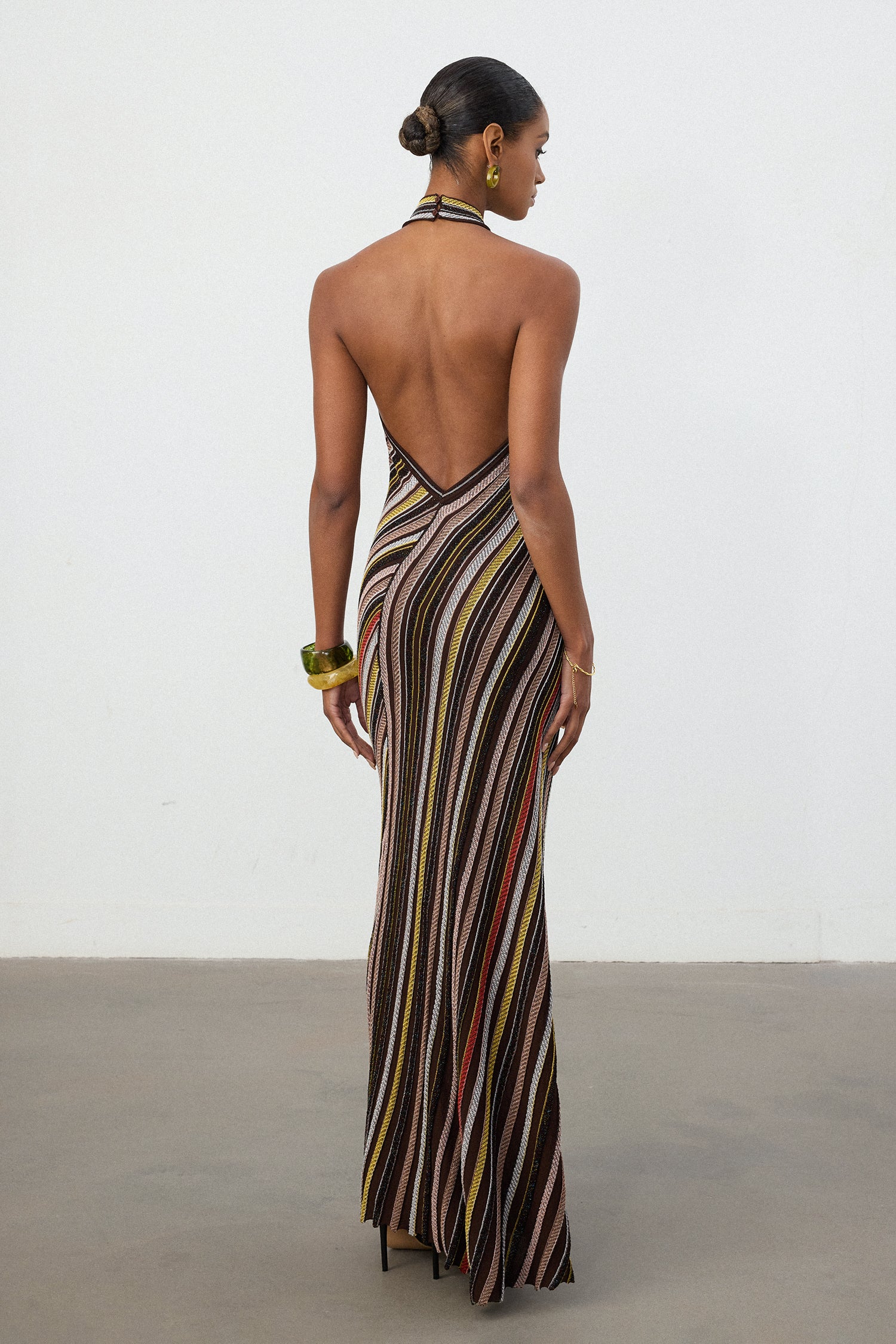Multi-Stripe Halter Neck Knit Maxi Dress	