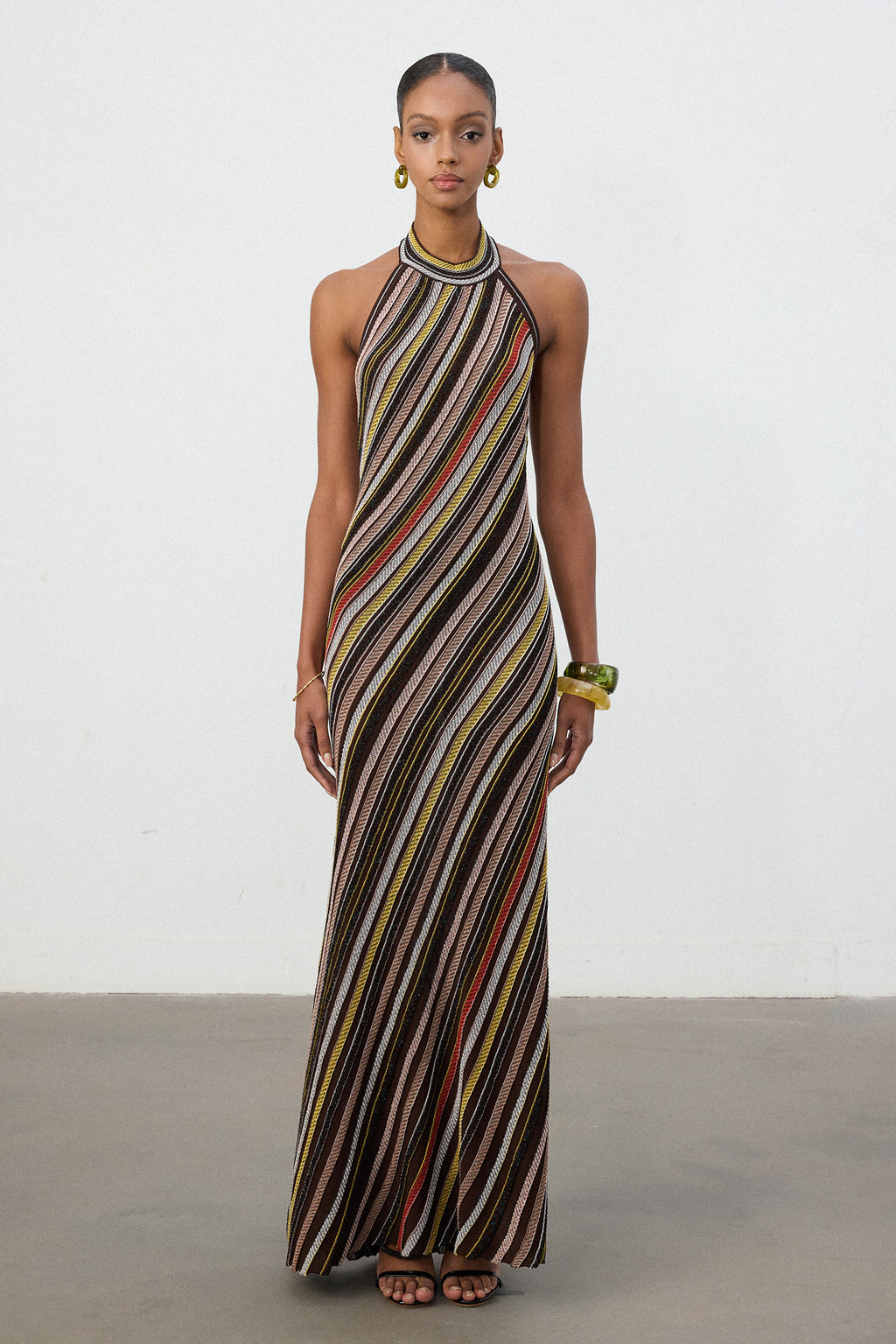 Multi-Stripe Halter Neck Knit Maxi Dress	