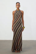 Multi-Stripe Halter Neck Knit Maxi Dress	