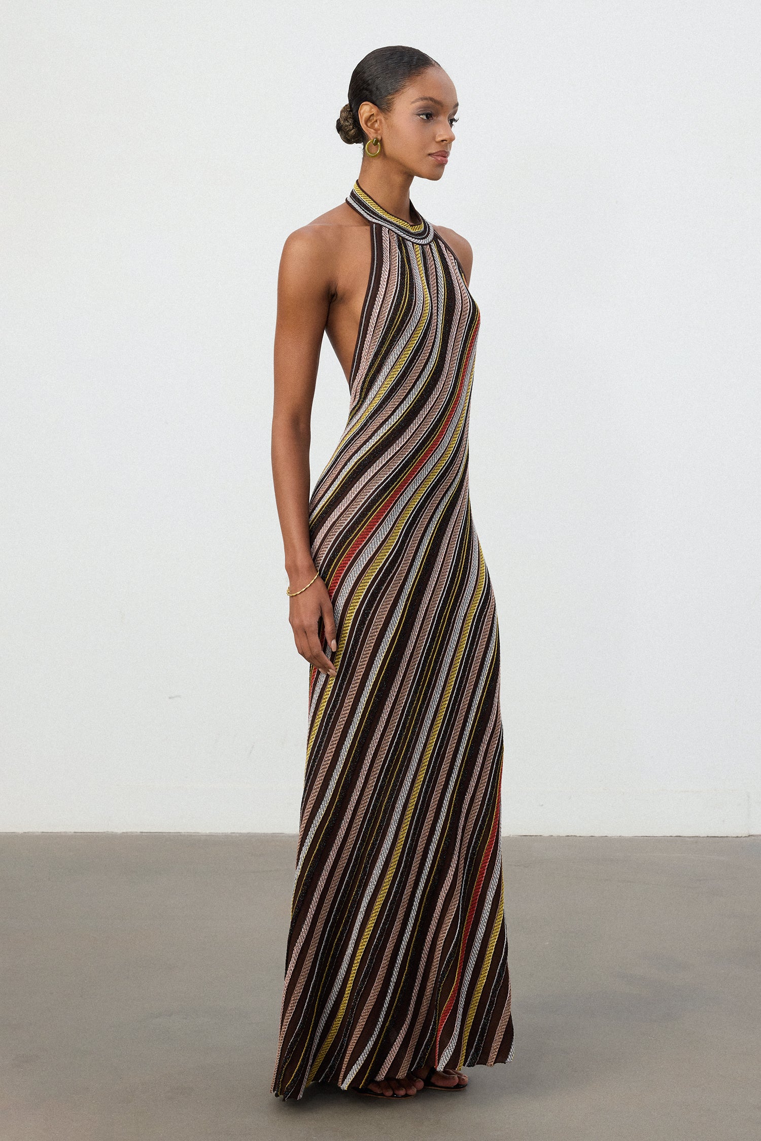 Multi-Stripe Halter Neck Knit Maxi Dress	