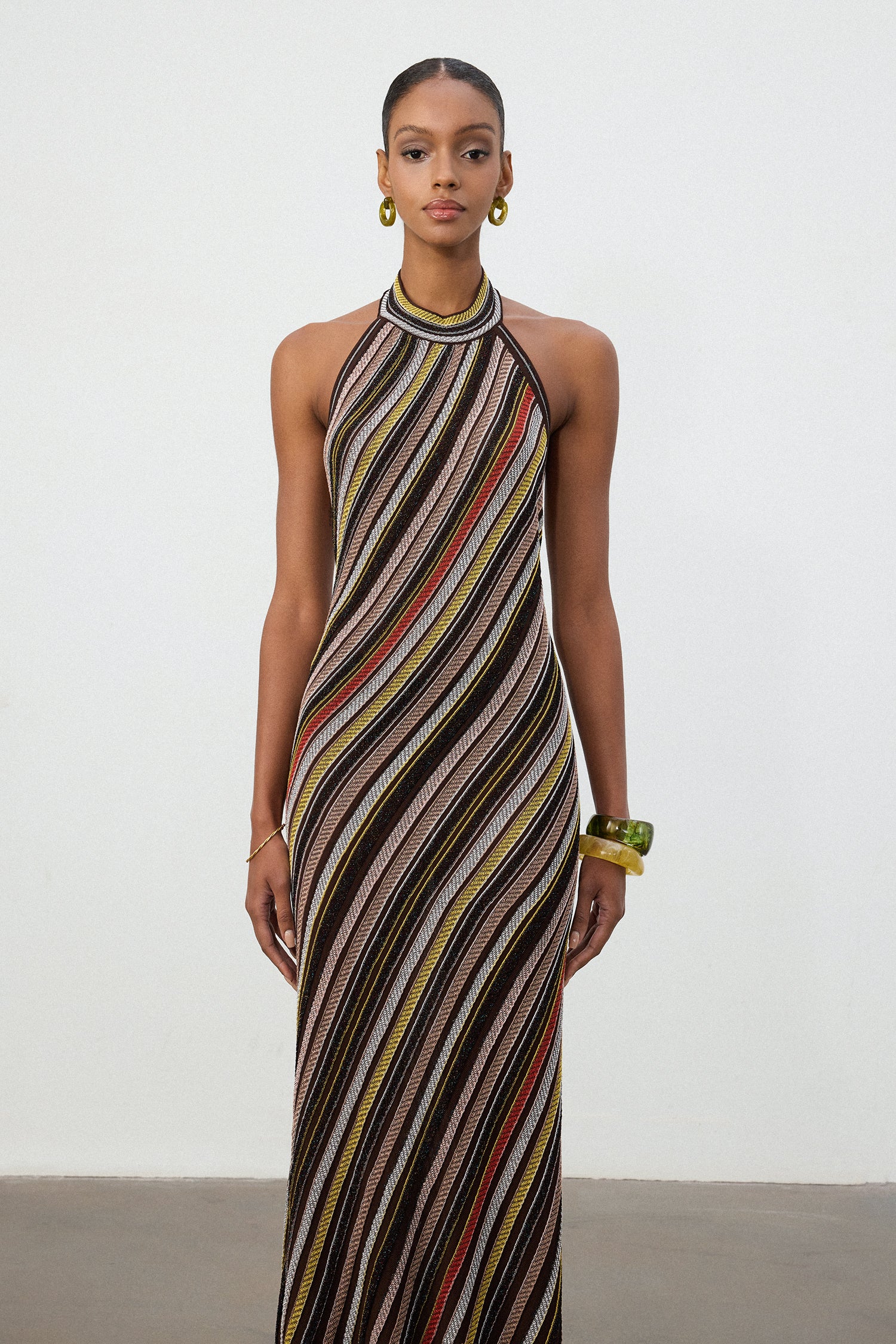 Multi-Stripe Halter Neck Knit Maxi Dress	