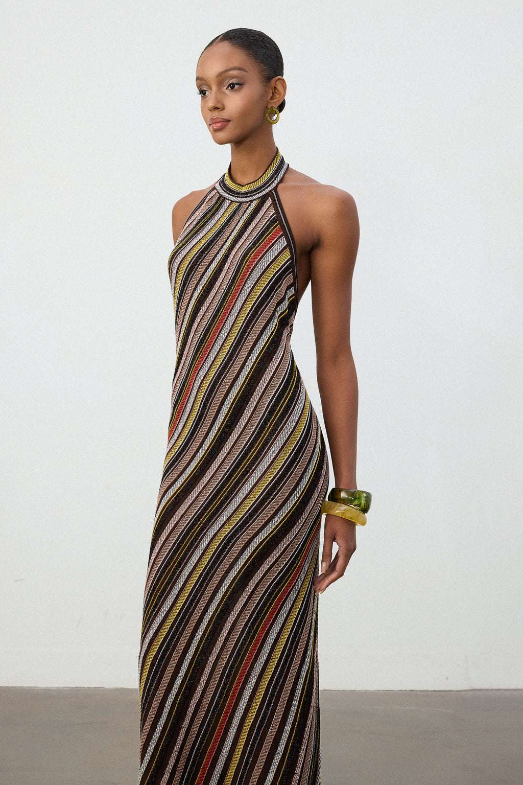 Multi-Stripe Halter Neck Knit Maxi Dress	