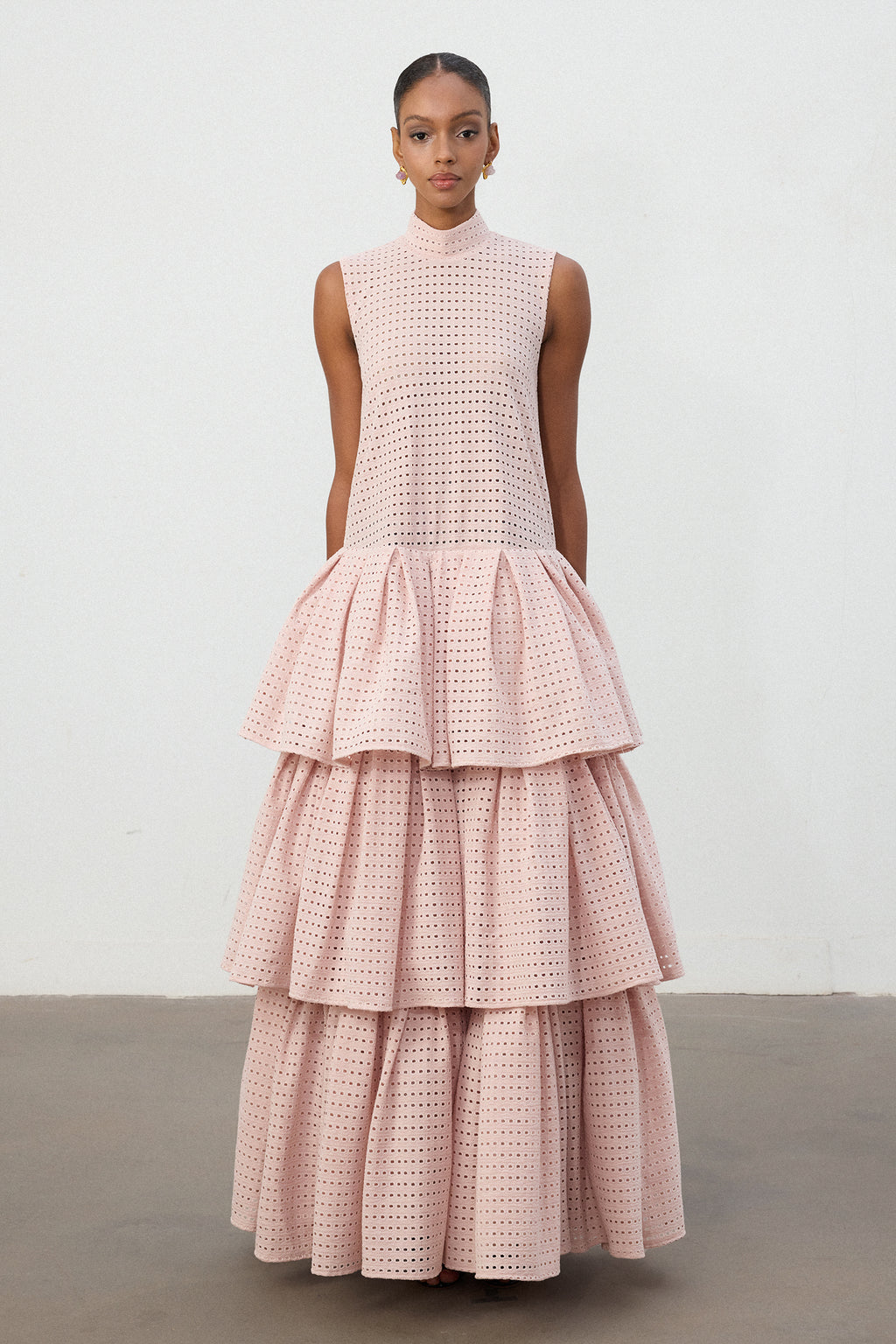 Blush Pink Grid Lace Tiered Ruffle Gown	