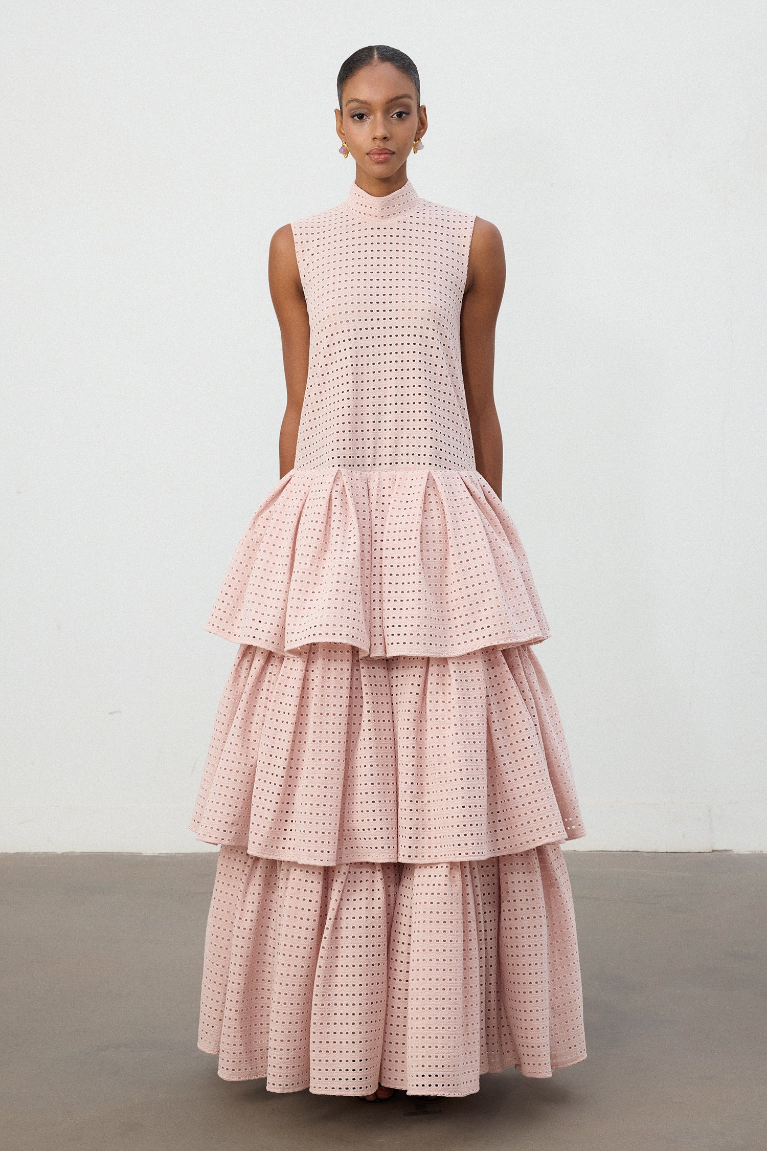 Blush Pink Grid Lace Tiered Ruffle Gown	
