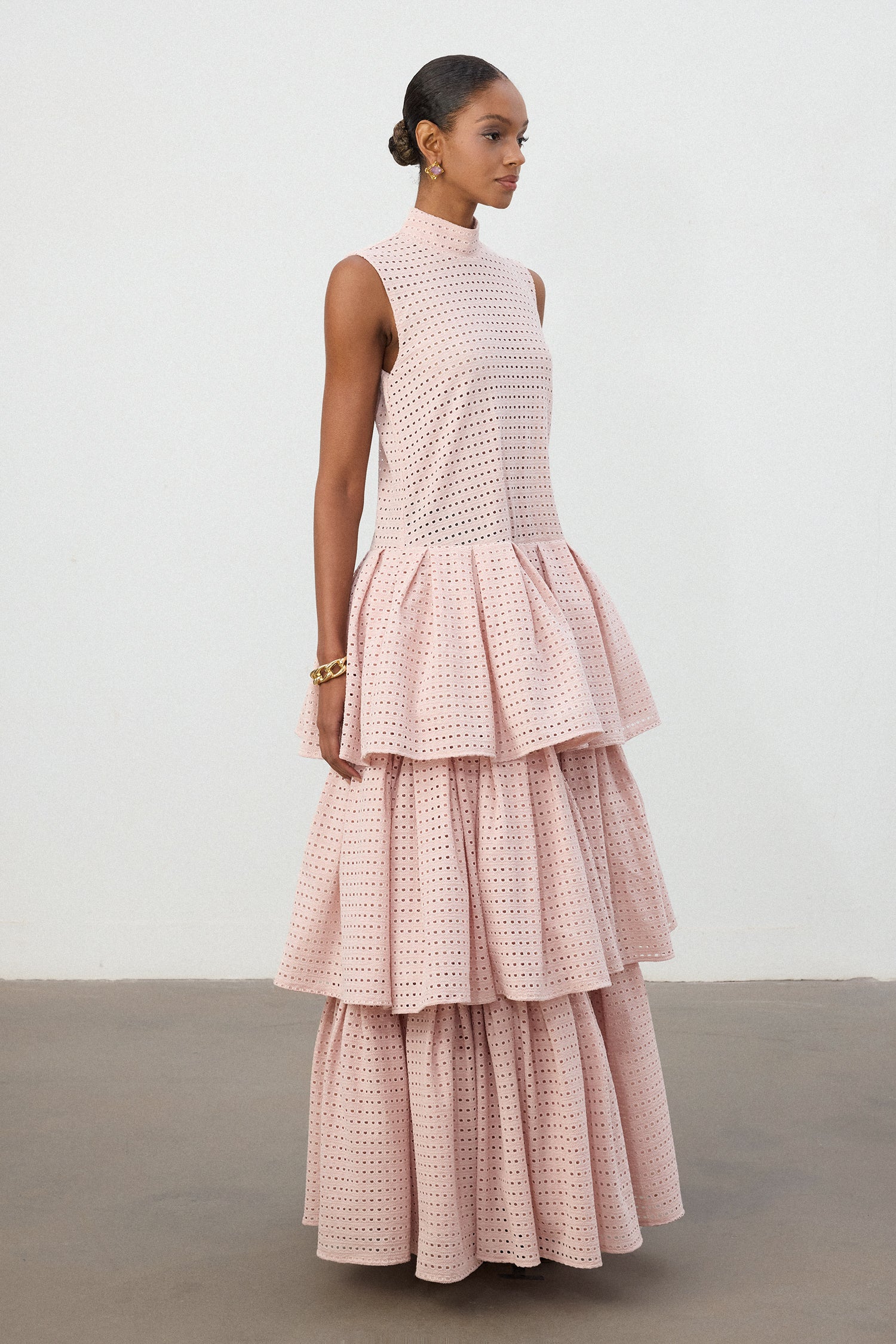 Blush Pink Grid Lace Tiered Ruffle Gown	