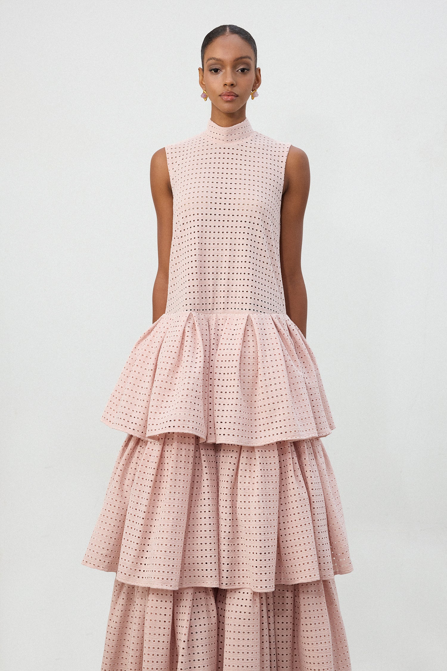Blush Pink Grid Lace Tiered Ruffle Gown	