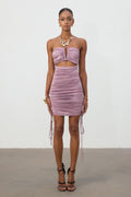 Mauve Ruched Cutout Strapless Mini Dress	