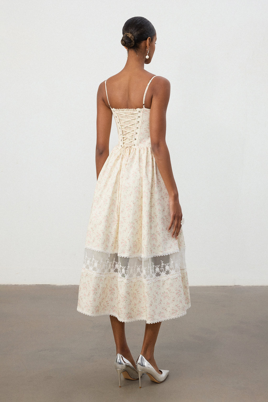 Ivory Floral Jacquard Lace Hem Midi Dress	