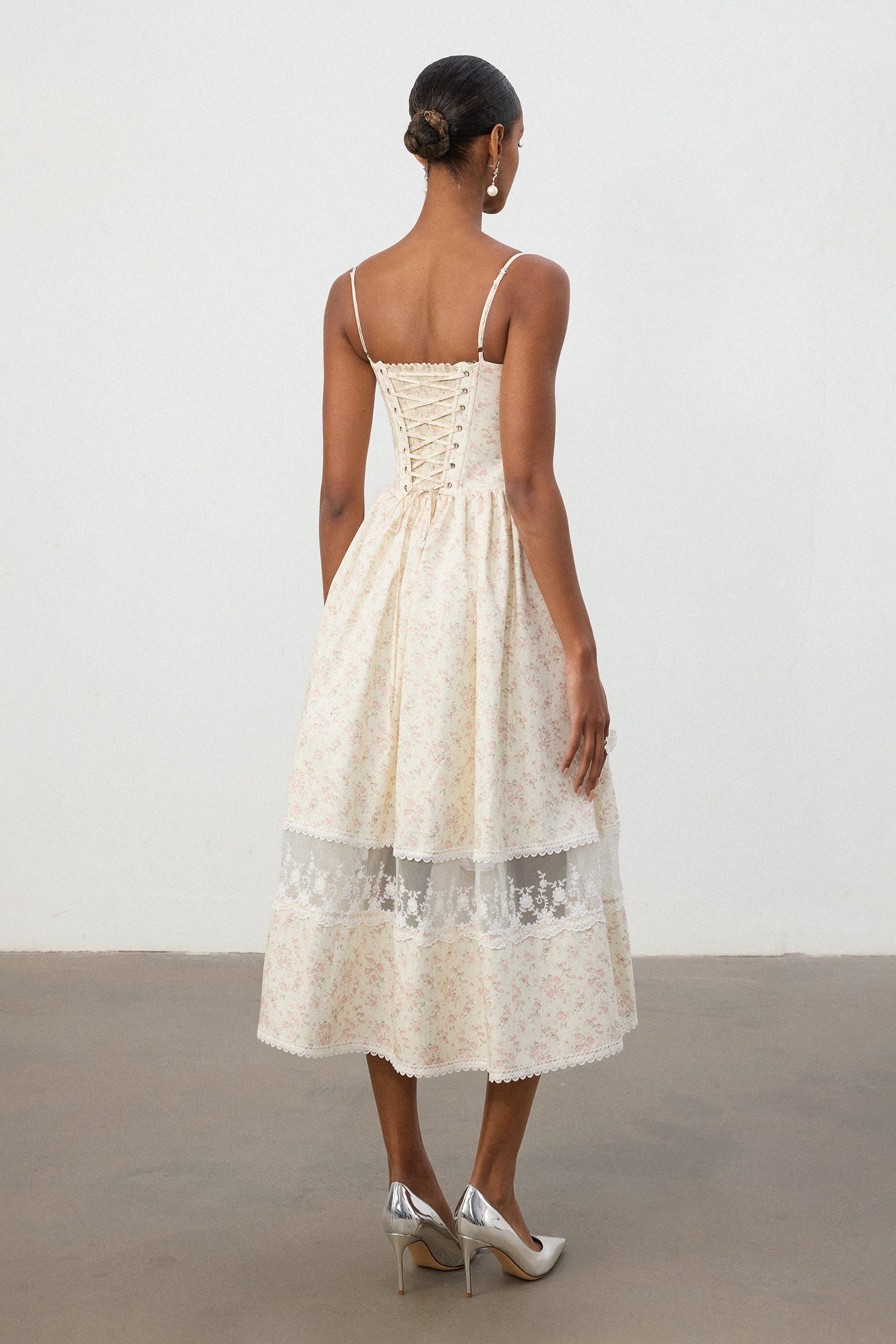 Ivory Floral Jacquard Lace Hem Midi Dress	