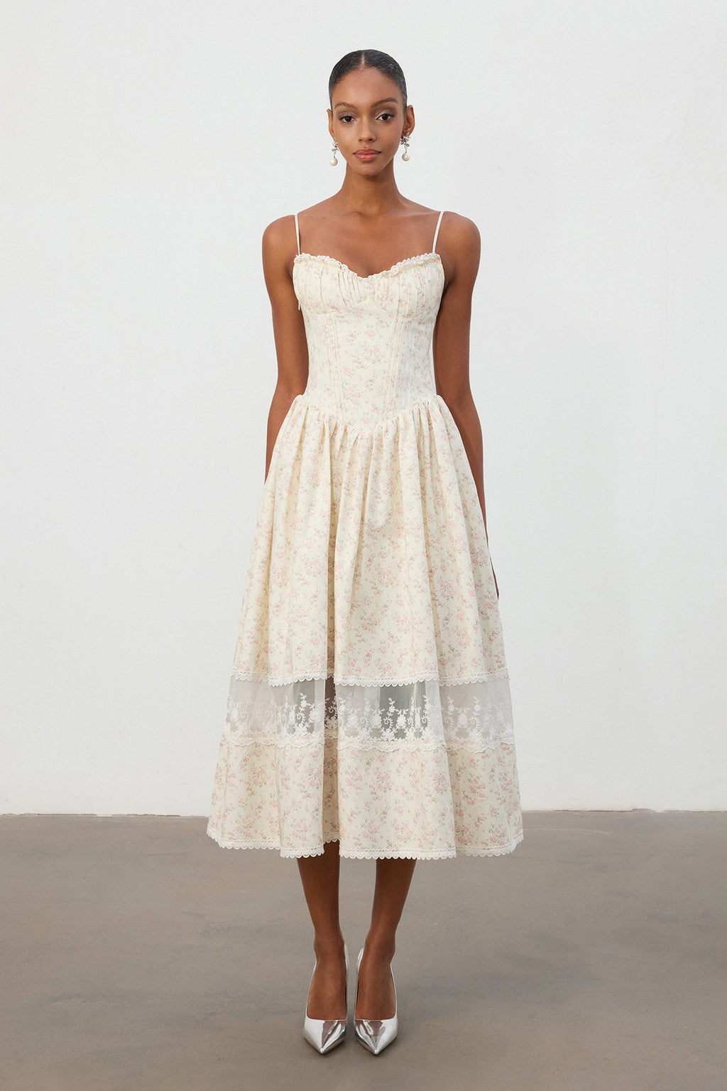 Ivory Floral Jacquard Lace Hem Midi Dress	