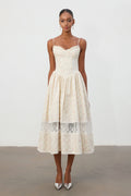Ivory Floral Jacquard Lace Hem Midi Dress	