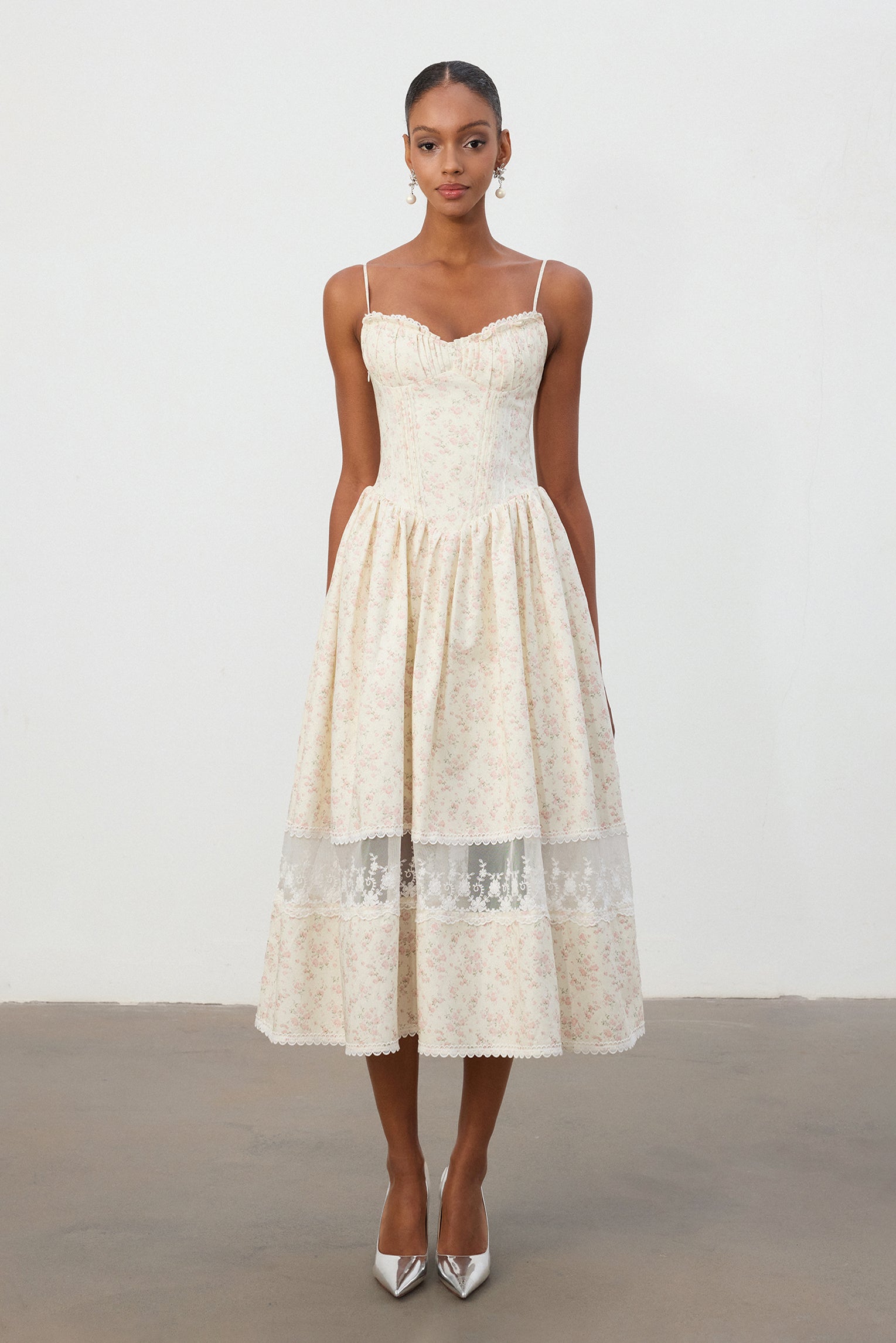 Ivory Floral Jacquard Lace Hem Midi Dress	