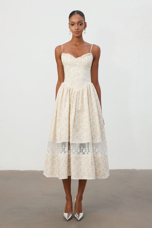 Ivory Floral Jacquard Lace Hem Midi Dress	