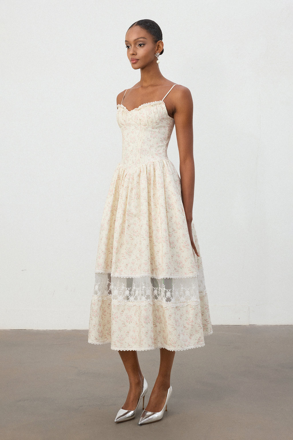 Ivory Floral Jacquard Lace Hem Midi Dress	
