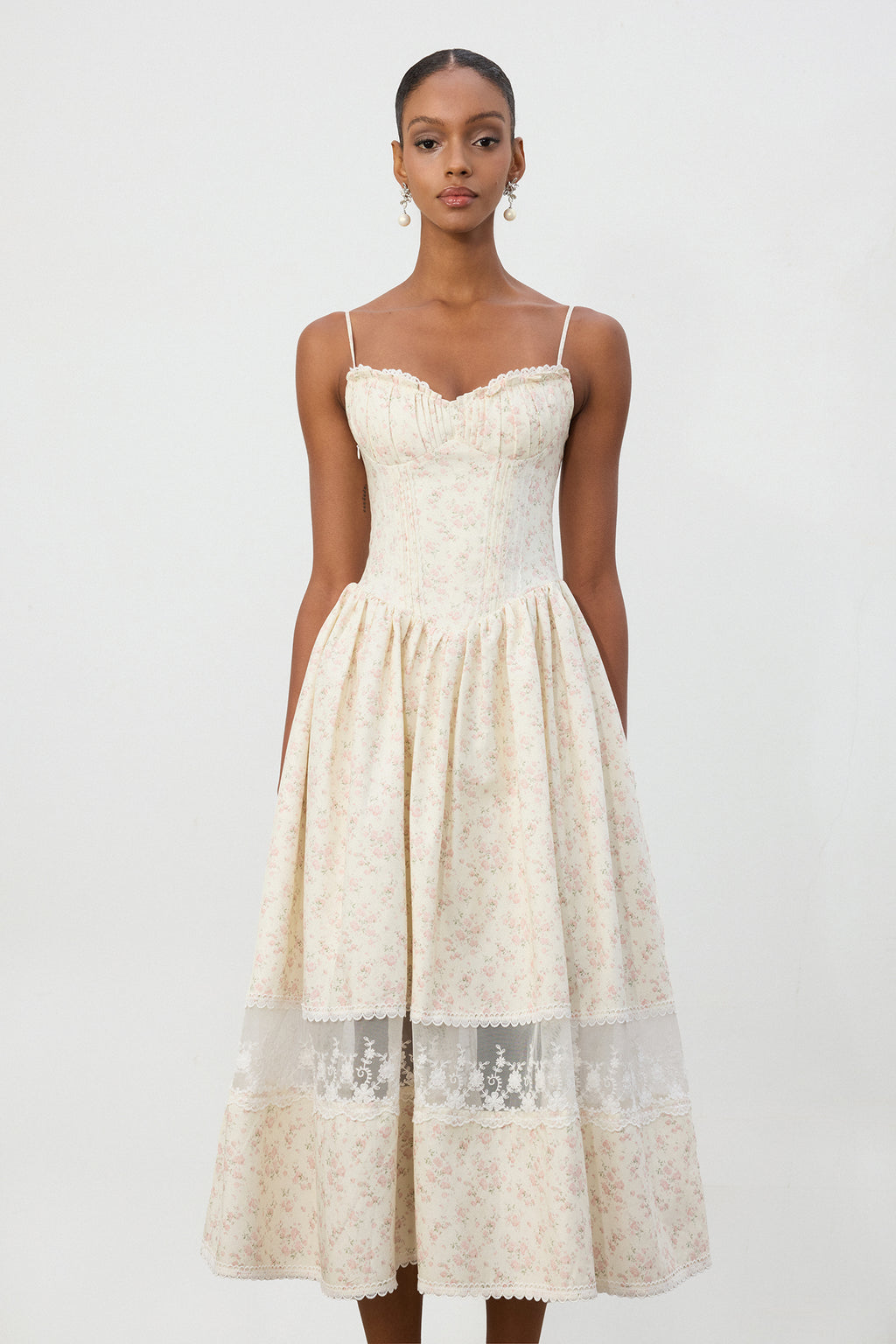 Ivory Floral Jacquard Lace Hem Midi Dress	